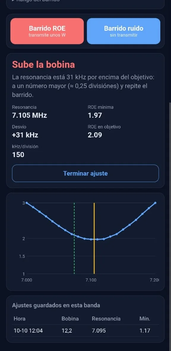 Más abajo en la página del móvil: la curva del barrido con la línea del objetivo y la de la resonancia, y la tabla de ajustes guardados.