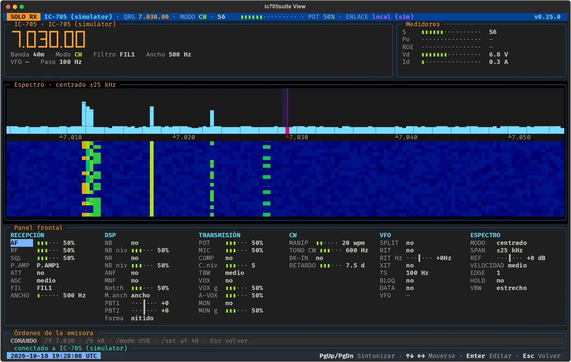 El visor de la IC-705 en la terminal: la frecuencia en dígitos grandes, los medidores, el espectro con cascada y el panel frontal agrupado en recepción, DSP, transmisión, CW, VFO y espectro.